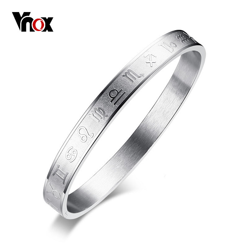 Vnox Personalized Engrave 12 Constellation Bangle For Women Men Matt Surface Stainless Steel Elegant Lucky Unisex Cuff Bracelet